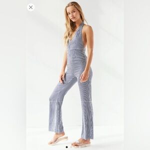 Urban outfitters, sz 6 plunge neck, jumpsuit, halter top blue